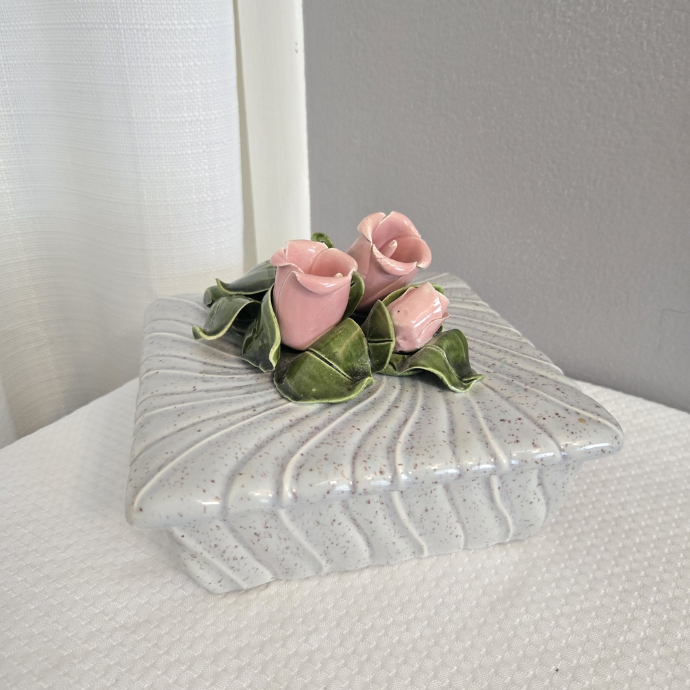 Vtg Frazier Pottery Lg Trinket Box Pink Trumpet Flower Vanity Dresser Glazed